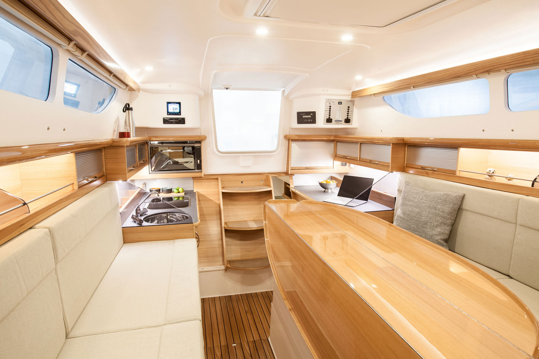 Dragonfly 32 trimaran looking aft towards galley